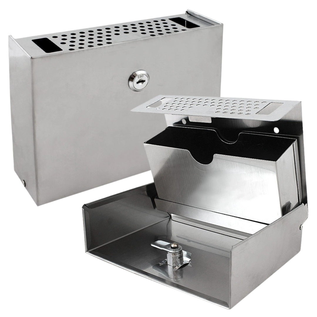 Nástenný vonkajší popolník z nehrdzavejúcej ocele, uzamykateľný, kompaktný, strieborný