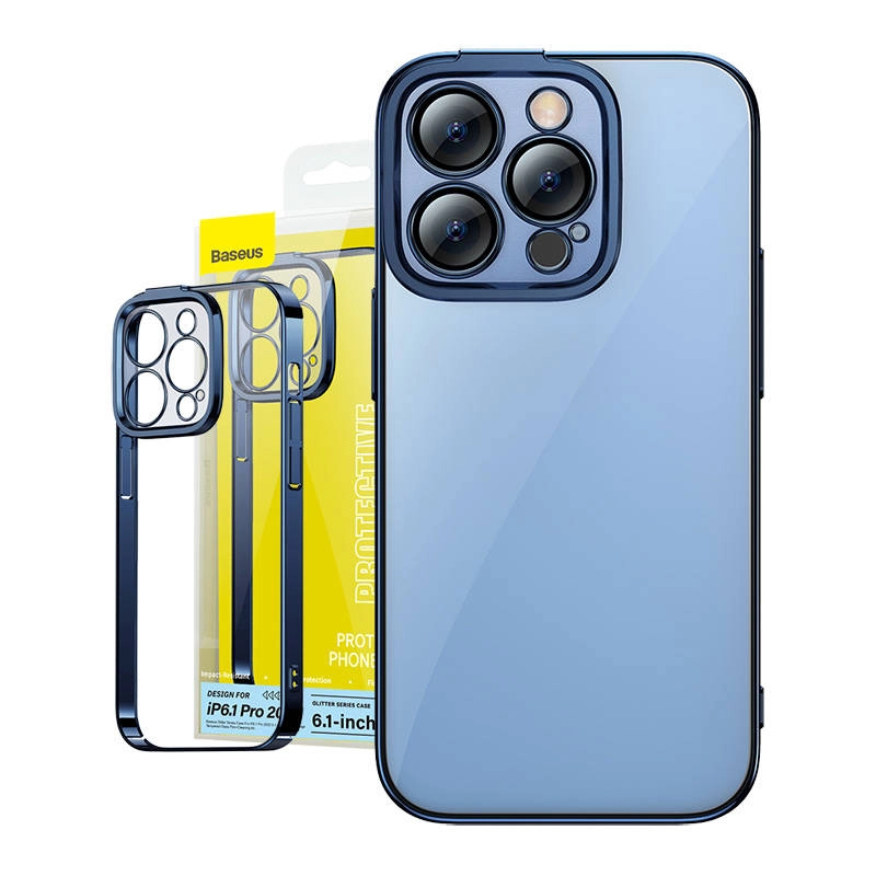 E-shop Baseus Glitter Priehľadné puzdro a sada tvrdeného skla pre iPhone 14 Pro (modrá)