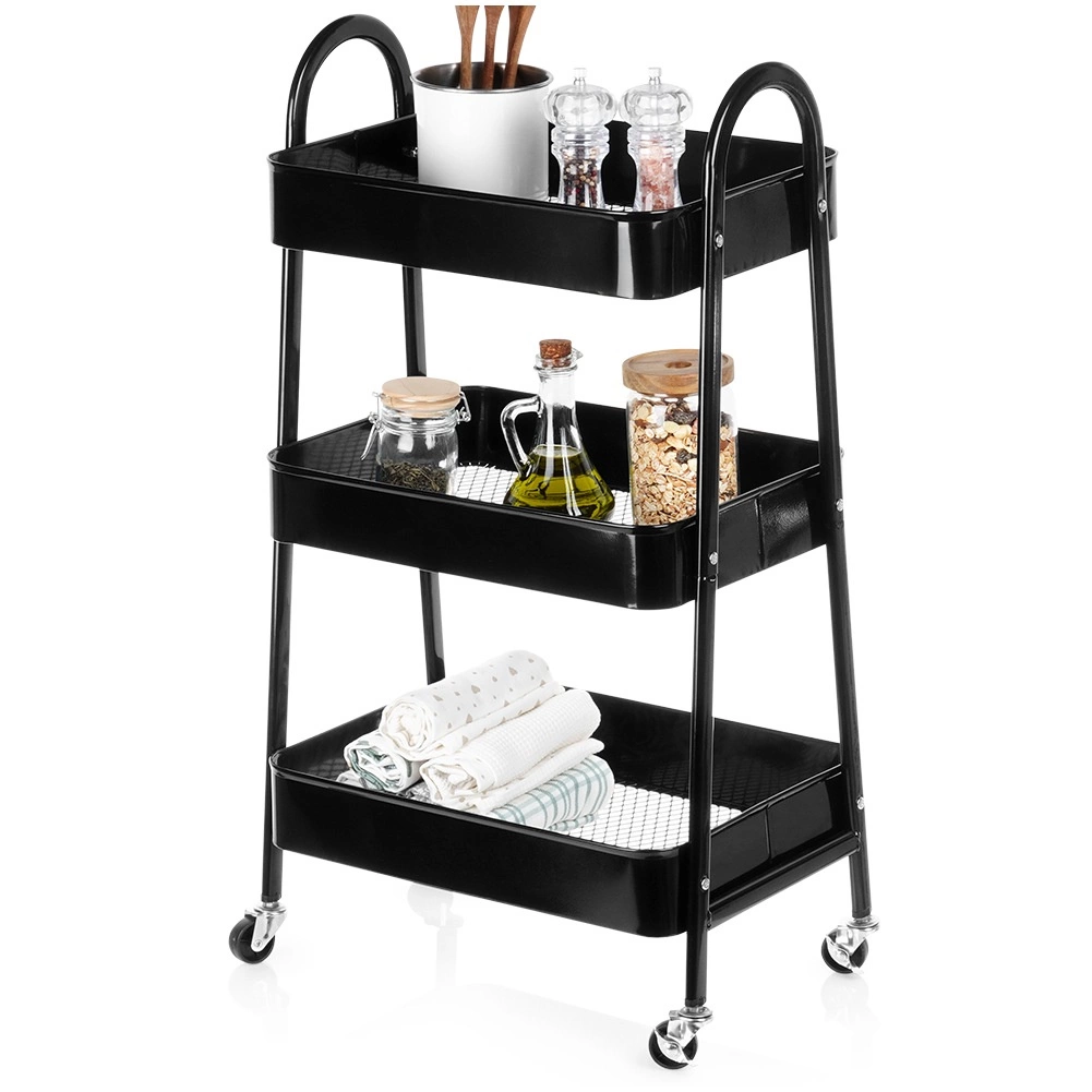 E-shop Kovový pojazdný regál, 3 úrovne, čierny 44 × 31,5 × 78,5 cm