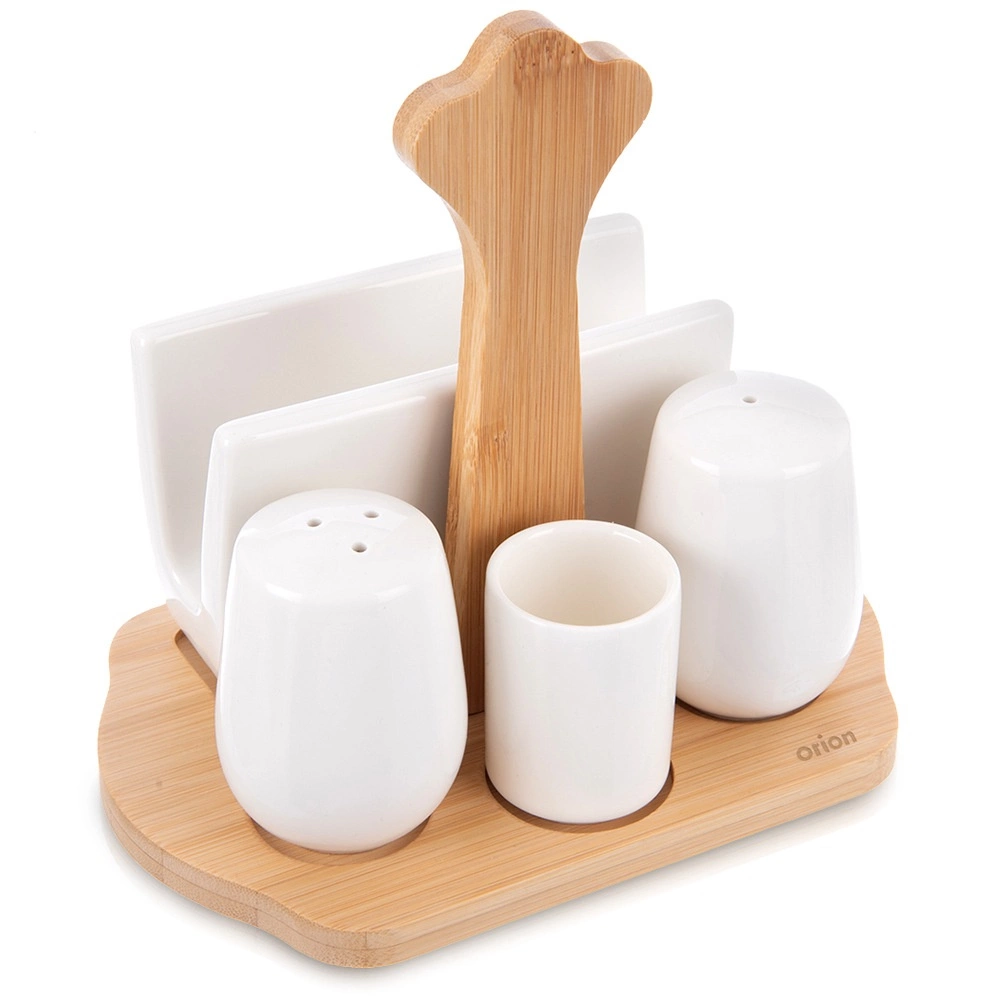 Porcelánová soľnička a korenička so stojanom a držiakom na obrúsky WHITELINE, 5-dielna sada