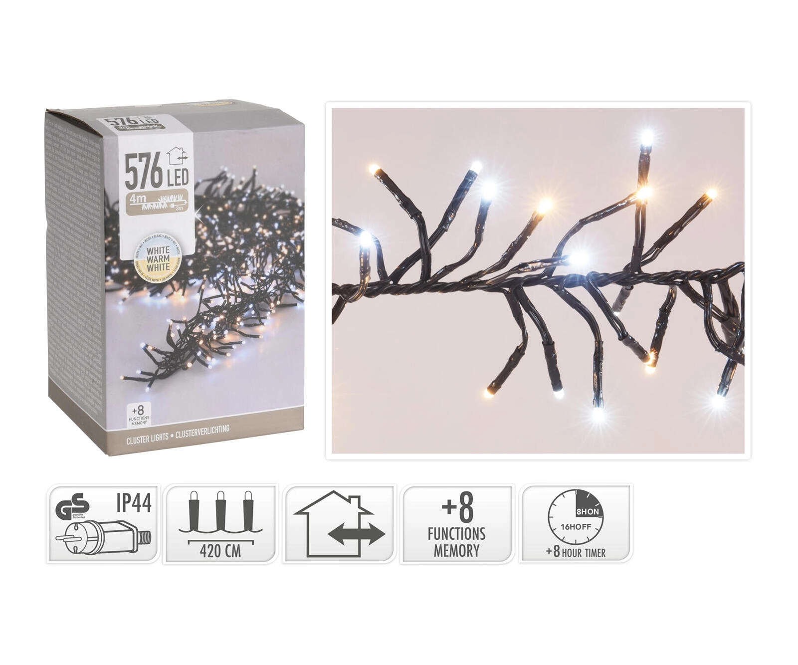 Vianočná LED svetelná reťaz 4,2 m, 576 LED, teplá biela, 8 funkcií, IP44, s časovačom