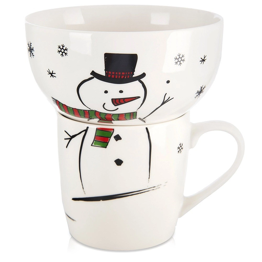Porcelánový detský set hrnček s miskou – snehuliak, 2 ks