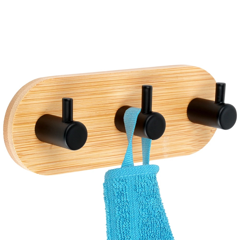 E-shop Samolepiaci nástenný bambusový vešiak s 3 kovovými háčikmi, čierny 14 × 3,5 × 5 cm
