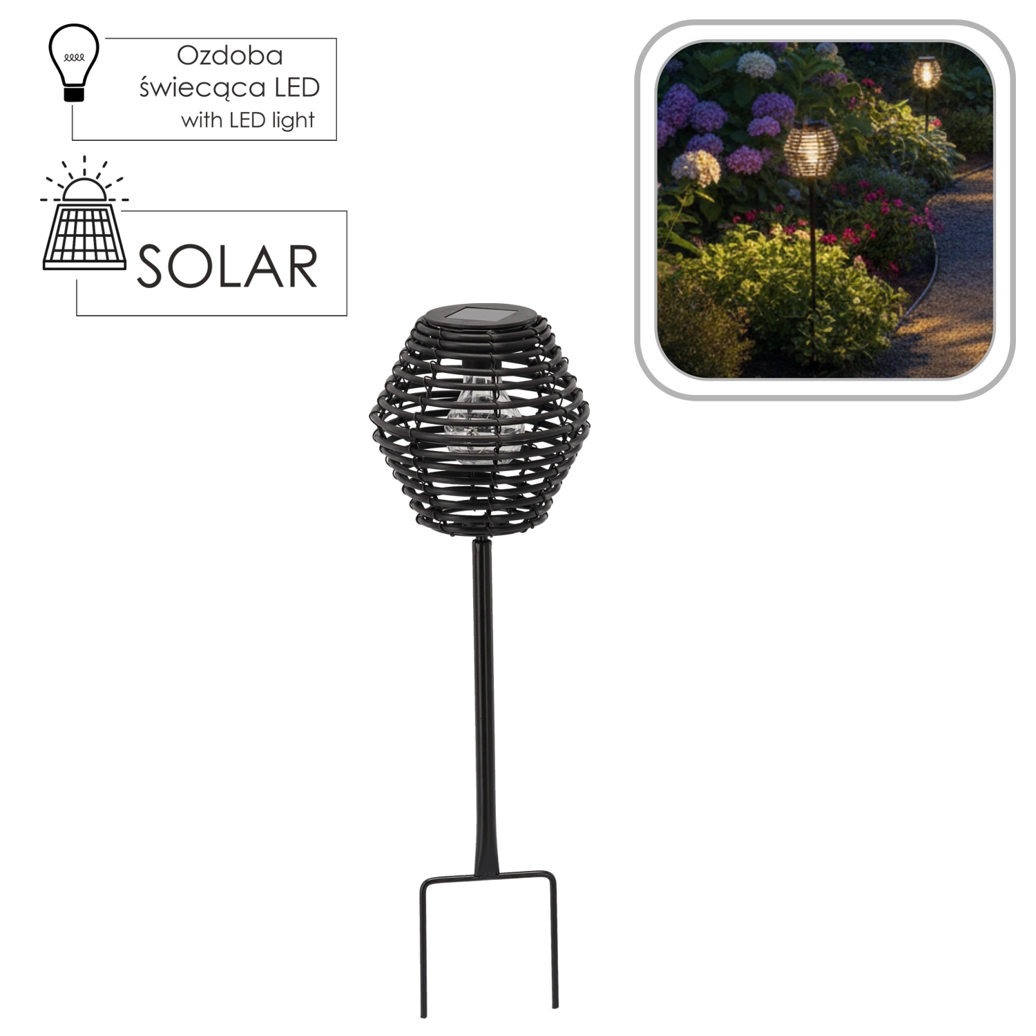 E-shop Solárny záhradný lampión 52 cm – čierny vonkajší zápich so súmrakovým čidlom