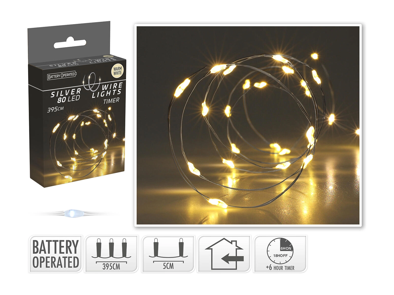 Vianočná LED svetelná reťaz 3,95 m, 80 LED, teplá biela, strieborný drôt, časovač - 1 kus