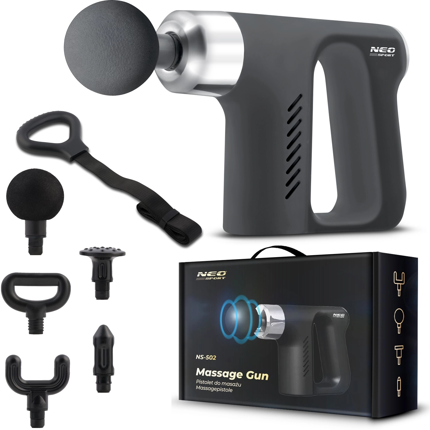 Masážna pištoľ NEO Sport NS-502 s 5 nadstavcami a masážnym pásom – čierna