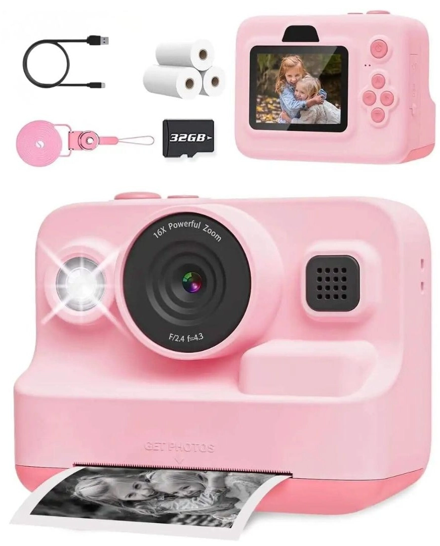 Detský instantný fotoaparát s tlačiarňou, video a hry, ružový
