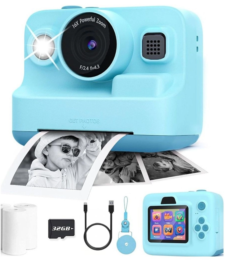 Detský instantný fotoaparát s tlačiarňou a videom, 3 rolky papiera, ružový