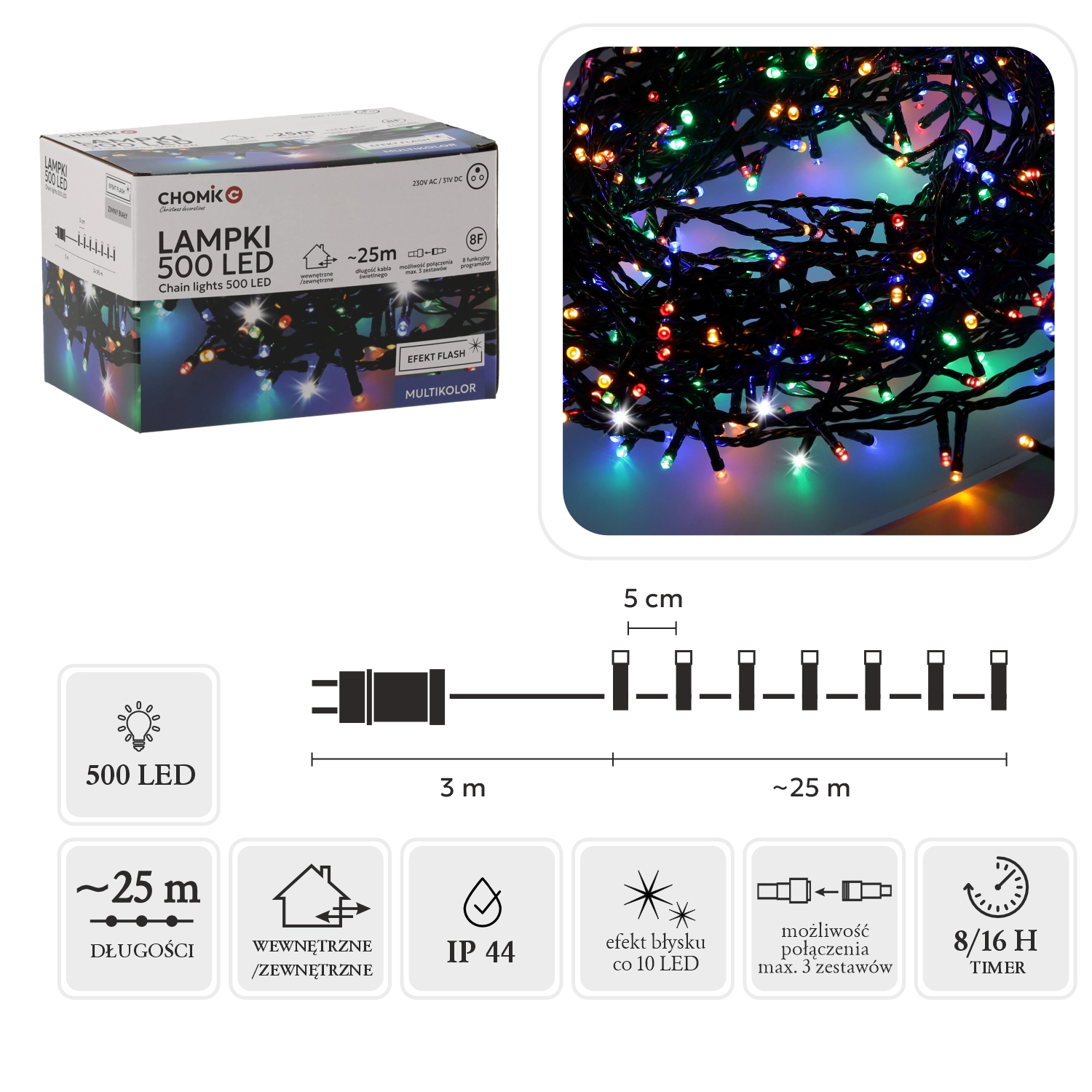 LED svetelná reťaz 500 diód multicolor so studeným flash efektom 28 m IP44