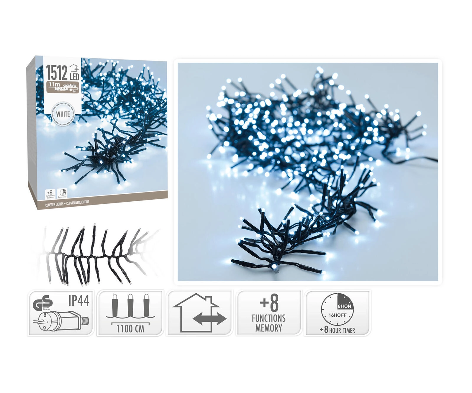 Vianočná svetelná reťaz 11 m, 1512 LED, studená biela, 8 funkcií, IP44, s časovačom – 1 kus