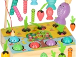 Drevená montessori hra magnetický rybolov, červíky a zber mrkvičiek