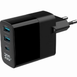 GaN sieťová nabíjačka 30 W s LCD, 2× USB‑A a 1× USB‑C, rýchle nabíjanie PD/QC 3.0, čierna