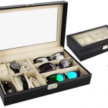 čierny organizér na hodinky a okuliare so skleneným vekom a zámkom