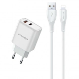 Awei sieťová nabíjačka GaN 22,5 W USB + USB‑C s káblom USB‑A/Lightning