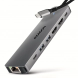 AXAGON HMC-7HX2 viacportový USB‑C hub 7v1 s 2× HDMI 4K/60 Hz, 2× USB‑A, USB‑C, GLAN a PD 100 W
