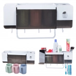 Nástenný organizér na zubné kefky s dávkovačom pasty a 3 pohárikmi, biely