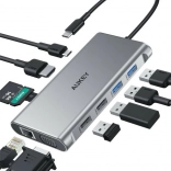 Hliníkový USB‑C hub 10v1 s Ethernetom, HDMI 4K, VGA, čítačkou kariet a PD 100 W AUKEY