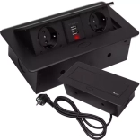 Zapuštěná zásuvková lišta do dosky s 2 zásuvkami a 2 USB, čierna