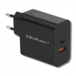 Nabíjačka Qoltec 63W s USB-C PD a USB QC 3.0 čierna