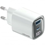 Sieťová nabíjačka 30W GaN s LED displejom USB + USB‑C biela