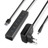 USB 3.2 Gen 1 hub AXAGON so 7 portami a nabíjaním, hliníkový, s adaptérom