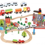 Drevená vlaková dráha s vlakmi na batérie